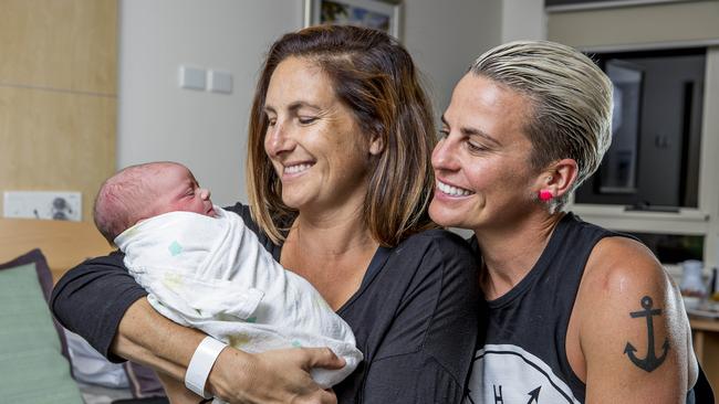 Former Ironwowan Hayley Bateup and partner April Zekulich celebrate the birth of their second child Banks Archie Bateup. Picture: Jerad Williams