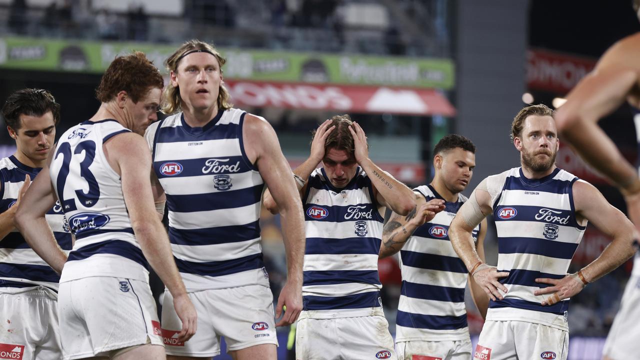 Geelong after the loss to Port Adelaide. Picture: Darrian Traynor/Getty Images