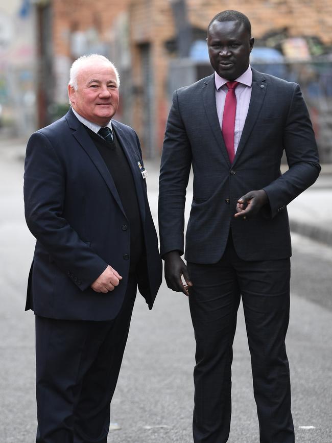 City of Melton Mayor Bob Turner, left, and South Sudanese community leader Maker Mayek. Picture: AAP