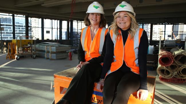 Lendlease Australia property chief executive Kylie Rampa, left, and Salesforce CEO Pip Marlow at the construction site of the new Salesforce building at Sydney’s Circular Quay. Picture: Britta Campion