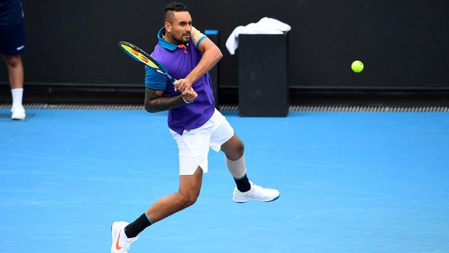 Nick Kyrgios hits a return against Alexandre Muller on Tuesday Picture: AFP