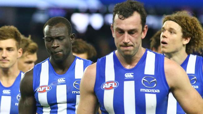 Majak Daw and Todd Goldstein of North Melbourne.