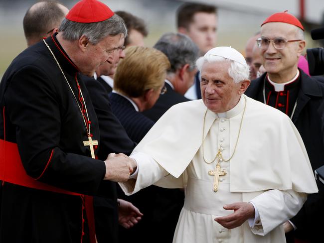 Pope Benedict XVI with Cardinal George Pell. Picture: AP/Mark Baker