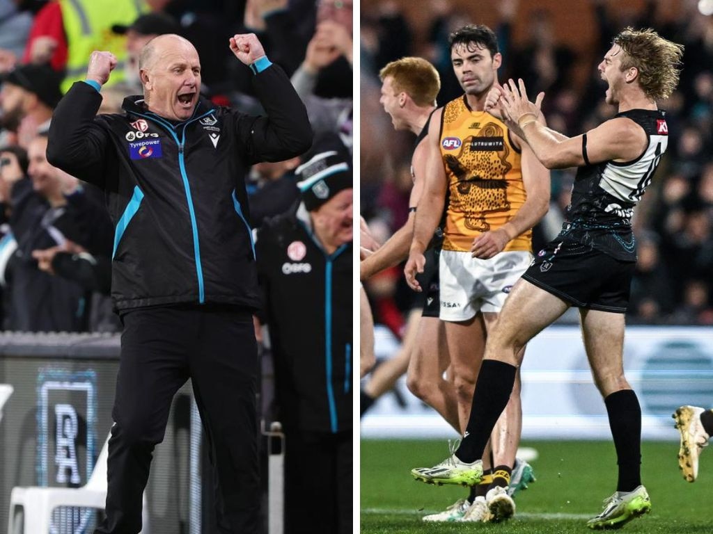 Ken Hinkley and Jason Horne-Francis celebrate after the stunning comeback. Photos: Getty Images