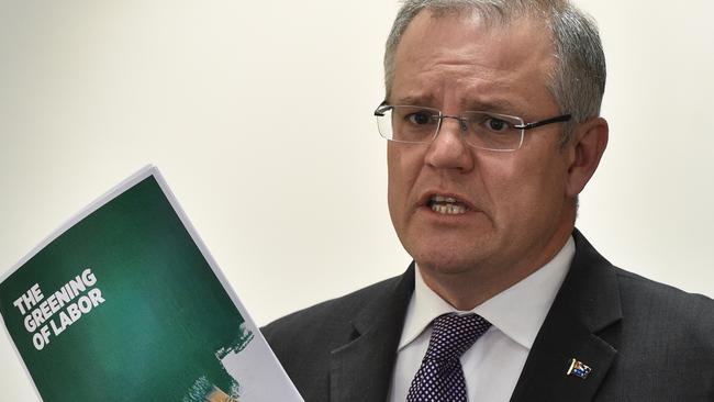 Federal Treasurer Scott Morrison launching a new ad highlighting the possibility of a Greens and Labor minority government. Picture: AAP