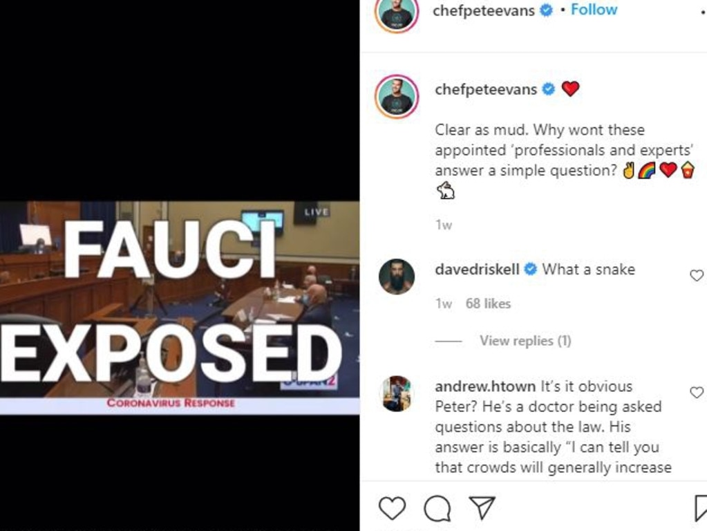 Therese Kerr linked to controversial former celebrity chef Pete Evans’ posts about US public health officer Dr Anthony Fauci. Picture: Instagram.