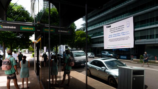 Lines outside the Centrelink offices on Knuckey St, Darwin, on March 26. Picture: Che Chorley