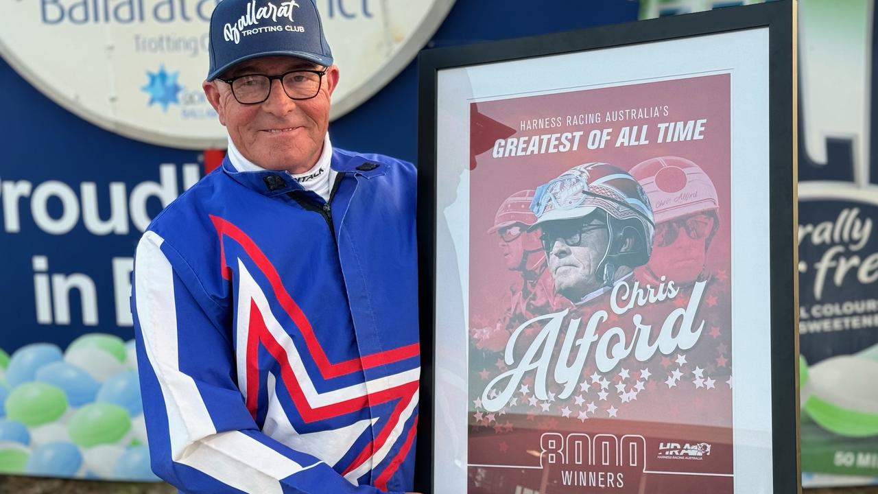 Supplied Editorial Harness driving champion Chris Alford with his 8000th career winner  Im Wesley at Ballarat. Picture: Bronte Nieuwenberg