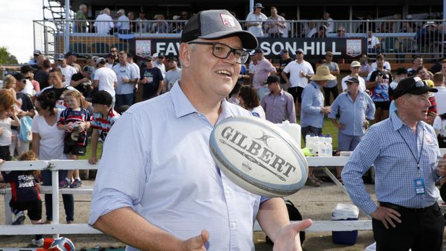 Shute Shield Rugby. Prime Minister Scott Morrison prior to his kick off of the game. Picture Chris Pavlich for The SundayTelegraph