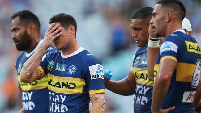 Mitchell Moses can’t bare to look after a Tigers try.