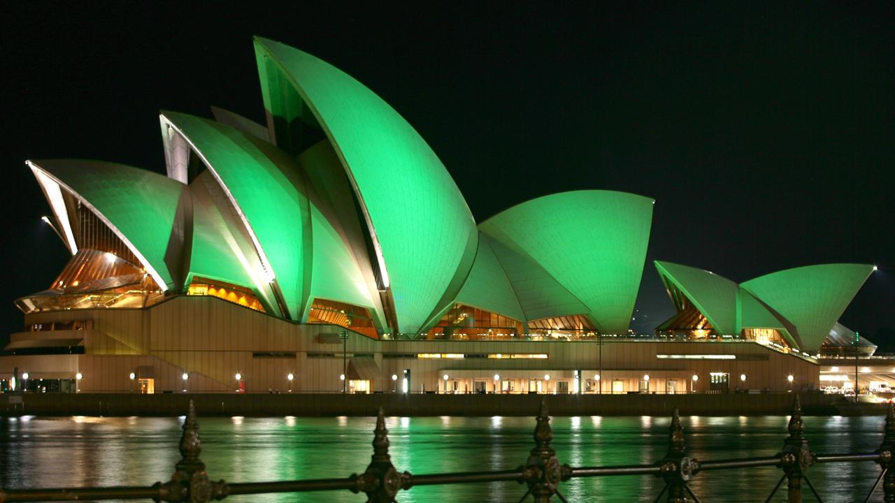The Sydney Opera House is bathed in a green glow to celebrate St Patrick's Day.