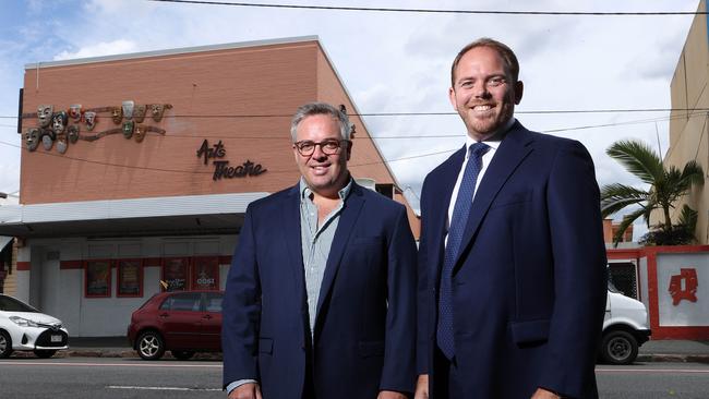 David Atkinson and Michael McCullagh at the Brisbane Arts Theatre, Petrie Terrace, which they sold for $3 million. Picture: Liam Kidston