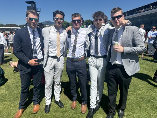 Noah Edwards, Matthew Goicoa, Liam Skantzos, Tom Richardson and Morgan Stevens at the Melbourne Cup at Flemington Racecourse on November 5, 2024. Picture: Phillippa Butt