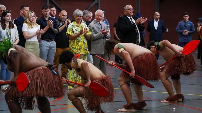 Britainâ€™s King Charles III watches a performance by the Mui Mui Bumer Gedlam group during a visit to the National Centre of Indigenous Excellence in Sydney on October 22, 2024. Picture: Lisa Maree Williams / POOL / AFP