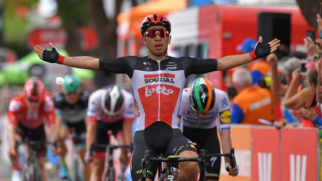 Caleb Ewan salutes after winning Stage 4 of this year’s TDU. Picture: Tim de Waele (Getty).