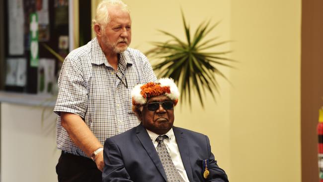 Gumatj chief executive Klaus Helms takes Gumatj chieftain Galarrwuy Yunupingu through Gove Airport to greet Prince Charles when he touches down in the Northern Territory Picture: Keri Megelus