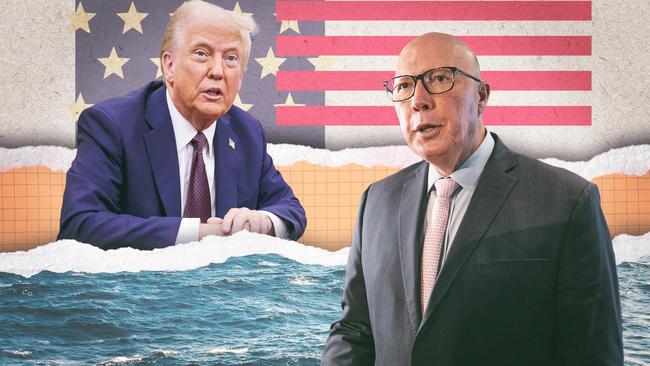 Peter Dutton is distancing himself from Donald Trump’s aid cuts with a new infrastructure push in the Pacific. Artwork: Frank Ling.