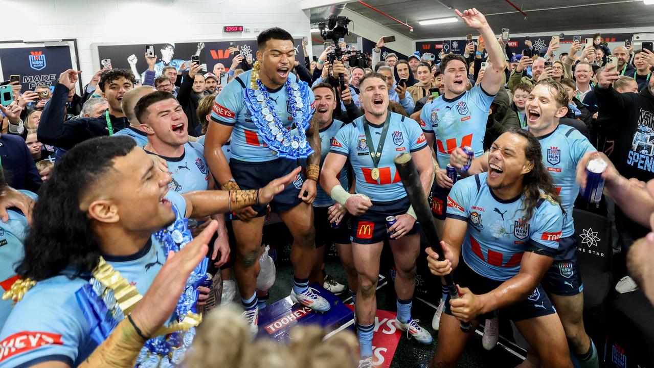 The NSW Blues celebrate after winning game 3 of the State of Origin at Suncorp Stadium. Picture: Luke Marsden