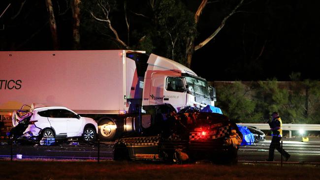 Emergency services on the scene of a crash on the Eastern Freeway in Melbourne. Picture: Aaron Francis