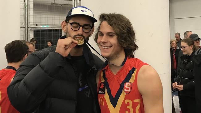 Collingwood ruckman Brodie Grundy with brother Riley Grundy after SA won the AFL U-18 championship match between Vic Metro and South Australia at Etihad Stadium.