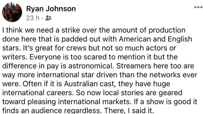 Actor Ryan Johnson laments the state of the Australian industry. Facebook