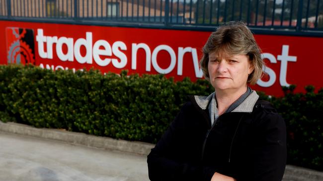 Julie Overton says parents and students have been left devastated by the closure of Trades Norwest Anglican Senior College at Glenwood. The closure means her son, Josh, will need to finish his apprenticeship elsewhere. Picture: Angelo Velardo