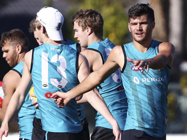 Port Adelaide Training at Alberton Oval. Sam Powell-Pepper and Riley Bonner. Picture Sarah Reed