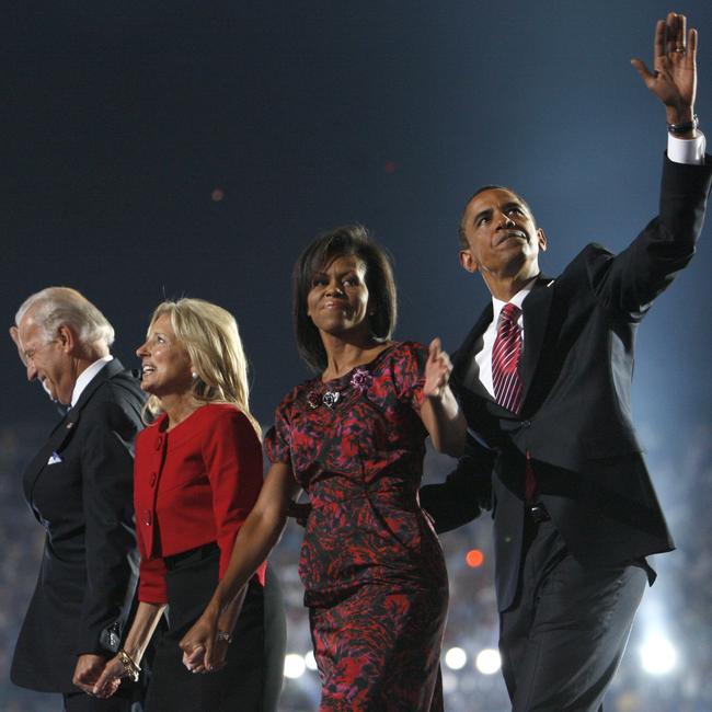 Democratic vice-presidential nominee senator Joe Biden and wife Jill accompany US presidential nominee senator Barack Obama and wife Michelle on to the stage as they wave to supporters on the last day of the Democratic National Convention in Denver, Colorado in 2008.