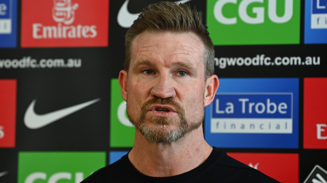 Nathan Buckley talks to the media on May 21, 2021 (Photo by Quinn Rooney/Getty Images)