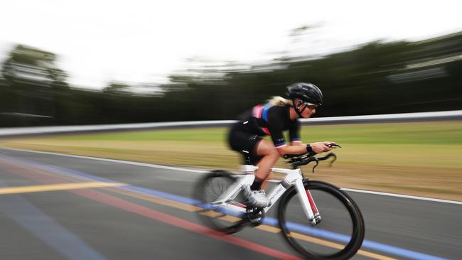 Caitlin McCarty enjoying the revamped facilities at the Nerang velodrome. Photograph : Jason O'Brien