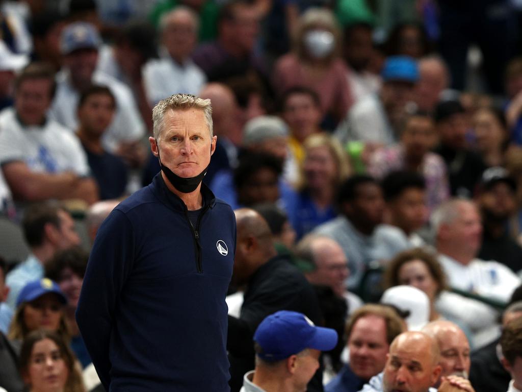 Steve Kerr was visibly upset throughout the Warriors 10-point loss to Dallas. Picture: Tom Pennington/Getty Images
