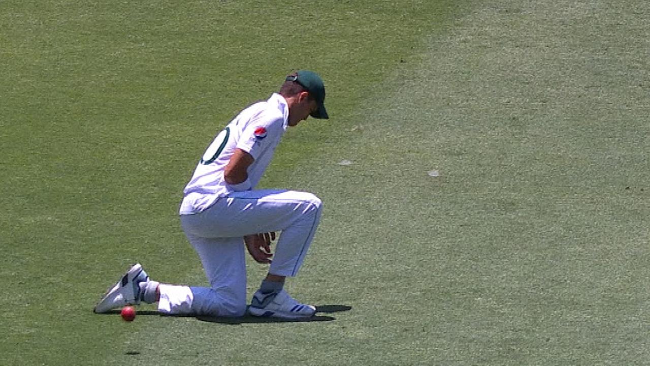 Shaheen Afridi lets the ball spill through his legs