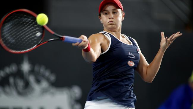 Ashleigh Barty of Australia plays a shot against Marketa Vondrousova at the Adelaide International tennis tournament.