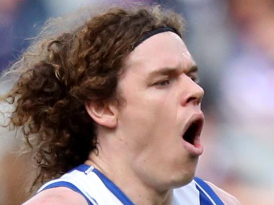 Ben Brown of the Kangaroos prepares to kick during the Round 10 AFL match between the Fremantle Dockers and the North Melbourne Kangaroos at Optus Stadium in Perth, Sunday, May 27, 2018. (AAP Image/Richard Wainwright) NO ARCHIVING, EDITORIAL USE ONLY