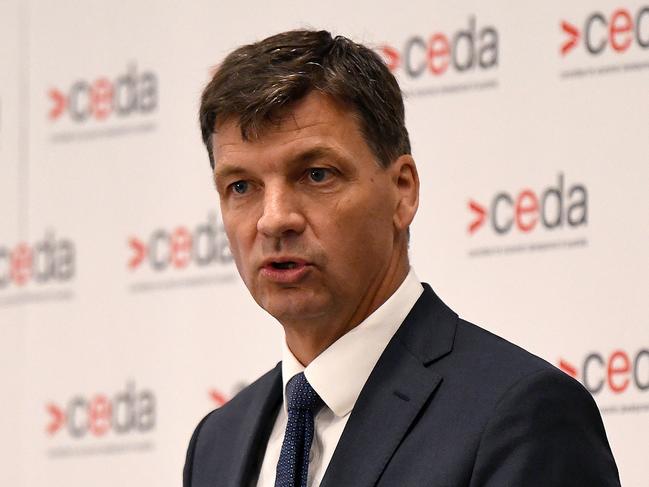 Minister for Energy Angus Taylor addresses the Committee for Economic Development of Australia (CEDA) in Sydney, Friday, February 28, 2020. (AAP Image/Bianca De Marchi) NO ARCHIVING