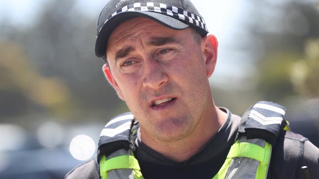 Senior Constable Kevin Hoare talks to media at Ocean Grove Dunes complex following a fatal boating accident earlier in the day. Picture: Alan Barber