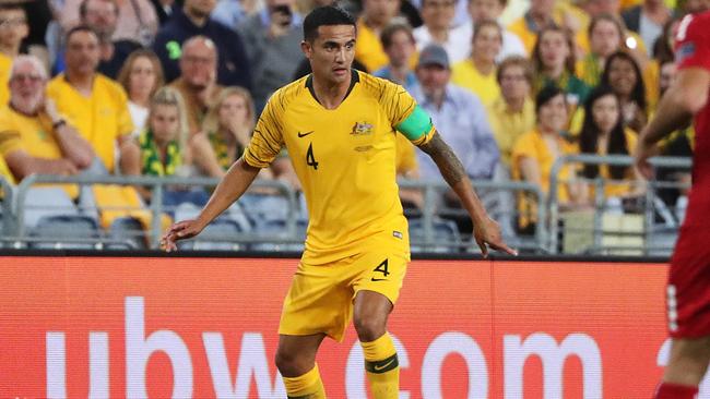 Tim Cahill on the ball on Tuesday night in his final appearance for the Socceroos. Picture: Brett Costello