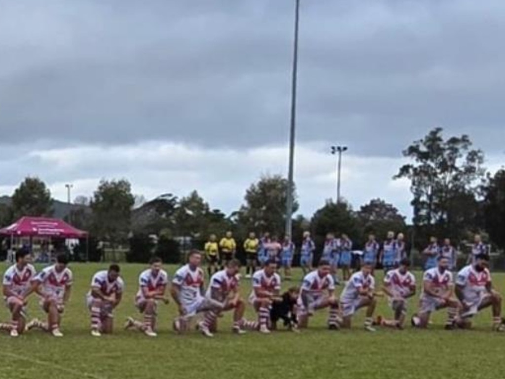 Andrew Fifita's Woy Woy side take a knee. Picture: Instagram