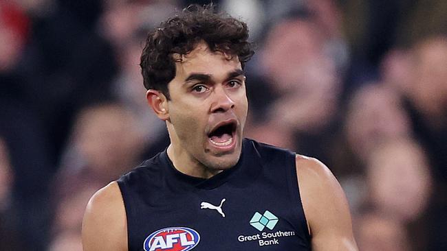 MELBOURNE, AUGUST 3, 2024: 2024 AFL Football - Round 21 - Collingwood Magpies V Carlton Blues at the MCG. Jack Martin of the Blues celebrates a goal.  Picture: Mark Stewart