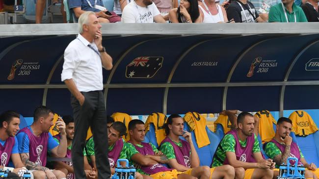 Tim Cahill of Australia looks on from the bench as Bert van Marwijk prowls the sideline. Photo: Getty Images