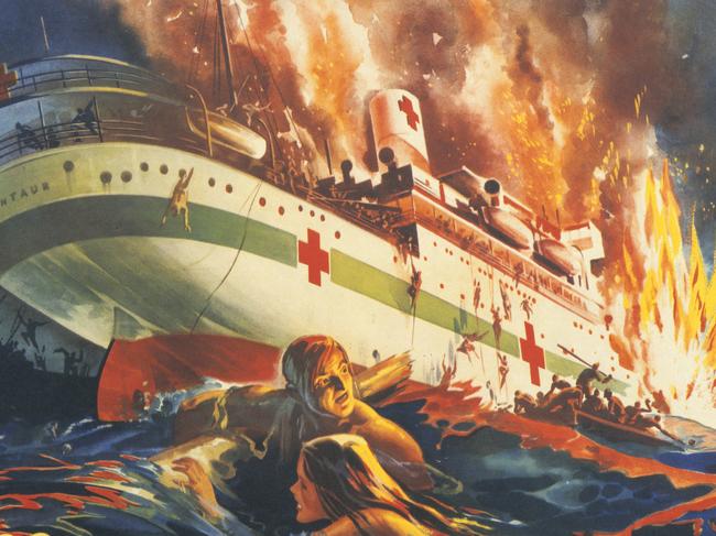 A propanganda poster featuring the sinking of the AHS Centaur titled 'Work, Save, Fight: Avenge The Nurses'. The hospital ship was attacked by a Japanese submarine off the coast of Queensland 14/05/1943.