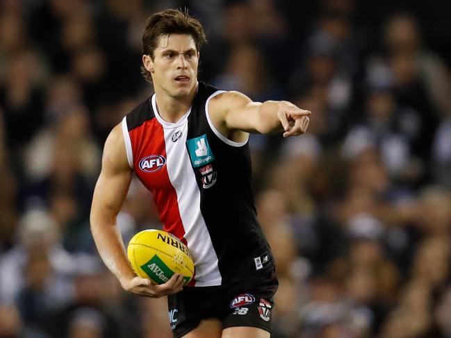 MELBOURNE, AUSTRALIA - MAY 14: Jack Steele of the Saints in action during the 2021 AFL Round 09 match between the St Kilda Saints and the Geelong Cats at Marvel Stadium on May 14, 2021 in Melbourne, Australia. (Photo by Michael Willson/AFL Photos via Getty Images)