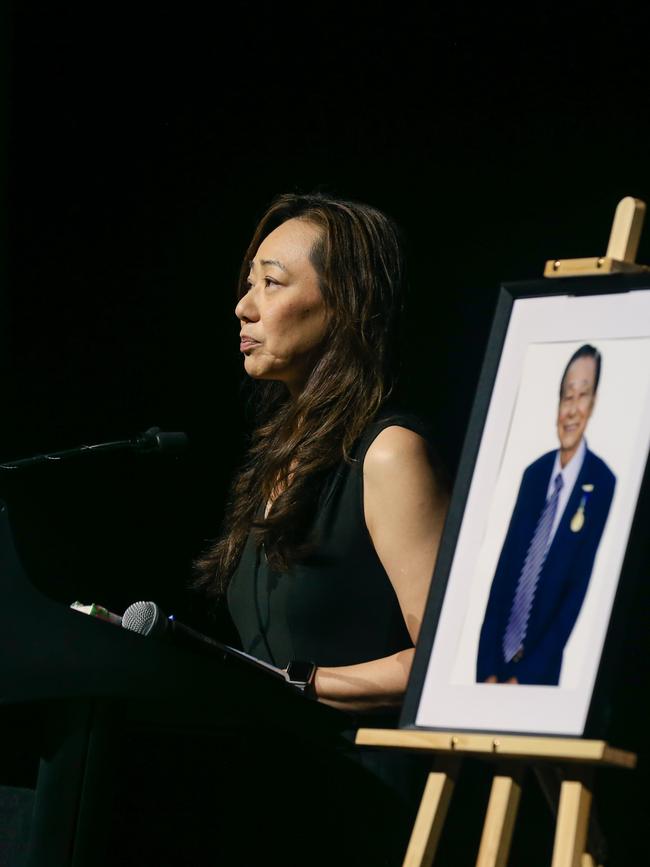 Pamela Jape eulogises her father as prominent Darwin businessman Jape Kong Su is farewelled at a public memorial at the Darwin Convention Centre. Picture: Glenn Campbell