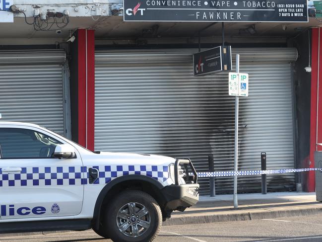 Police at the scene of a tobacco shop fire bombing in Fawkner. Thursday, October 24. 2024. Picture: David Crosling