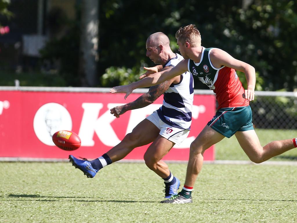 Crocs' Liam Brandt gets a kick away in the AFL Cairns Premiership men's match between the South Cairns Cutters and the Port Douglas Crocs, held at Fretwell Park, Bentley Park. Picture: Brendan Radke