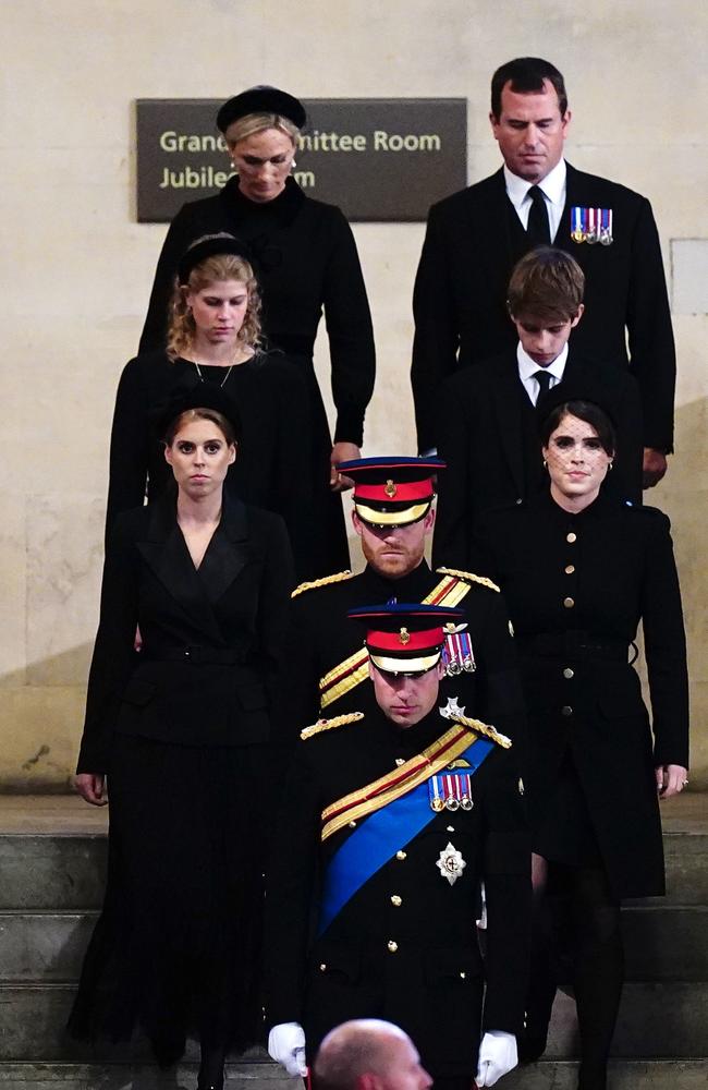 Prince William, Prince of Wales, Prince Harry, Duke of Sussex, Princess Eugenie of York, Princess Beatrice of York, Peter Phillips, Zara Tindall, Lady Louise Windsor, James, Viscount Severn arrive to hold a vigil in honour of the Queen. Picture: Aaron Chown/Getty Images