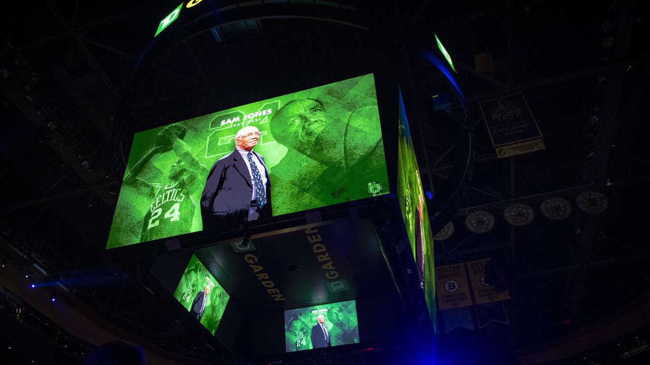 A moment of silence is held for former Boston Celtics player Sam Jones.