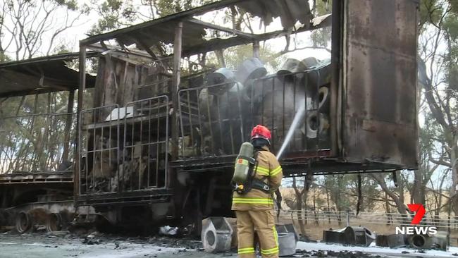 A man died in a fiery three truck crash on the Western Highway at Serviceton in February. Picture: Channel 7