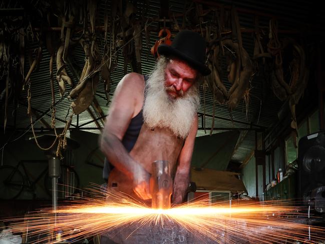 Rare Trades - Blacksmith Brendan Thompson 54. Brendan runs his 4 Elements Blacksmithing workshop out of a shed in tiny town of Cheshunt in the King Valley.                      Picture: David Caird