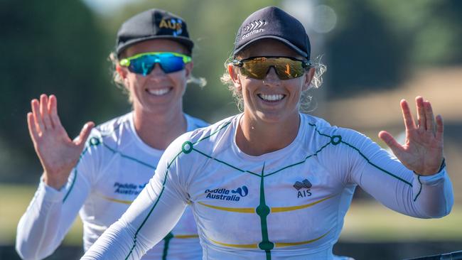 Jaime Roberts and Jo Brigden-Jones celebrate after racing at the 2019 National Championships , Lake Karapiro, Cambridge. Saturday 15 February 2019 © Copyright photo Steve McArthur / www.photosport.nz